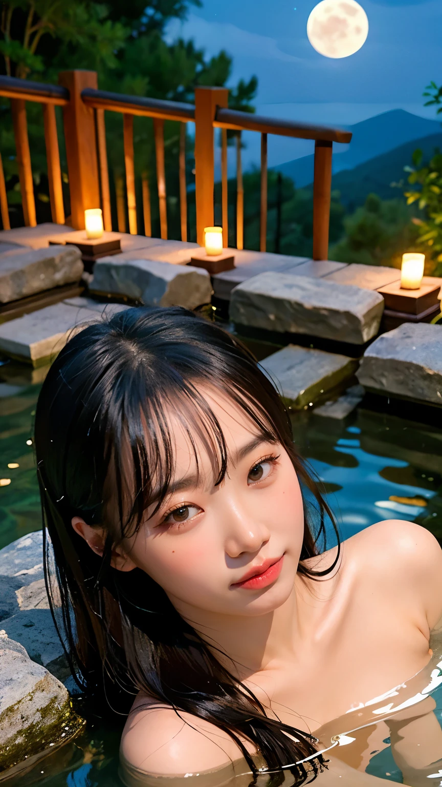 A gorgeous woman bathes in a secluded onsen under the soft glow of a full moon. The clear night sky is filled with stars, and the light reflects on the rippling water. Her hair is slightly damp, framing her face as she gazes thoughtfully at the moon. Surrounding her are natural rocks and bamboo, adding to the tranquil ambiance.