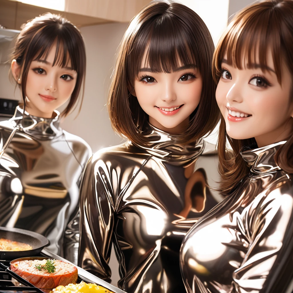 2 mothers and young daughter ,  masterpiece, Lens reflection, Reflected light, in extremely tight shiny latex sweatshirt,  high resolution , Make-up,  seductive smile , Are in the apartment and while cooking,  brown hair , Bangs, kiss