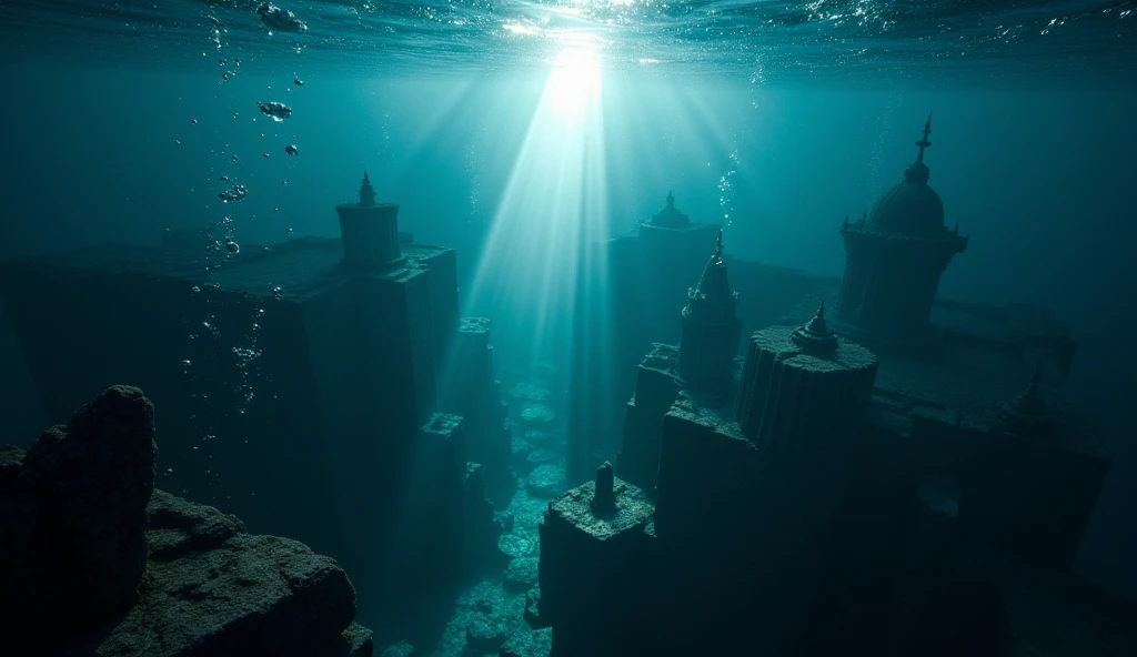  Composition overlooking the ruins of an ancient city that sank into the dark deep sea , A ray of light shining on the dark seabed  ,Numerous water bubbles caused by the current (( Motion Blur:3.0 , bubble flow filter effect :8.5 ,  Undersea Magic Effect :2.0 ,  Background Blurred  ,  dramatic real art)), 4ｋ, Bird&#39;s-eye view