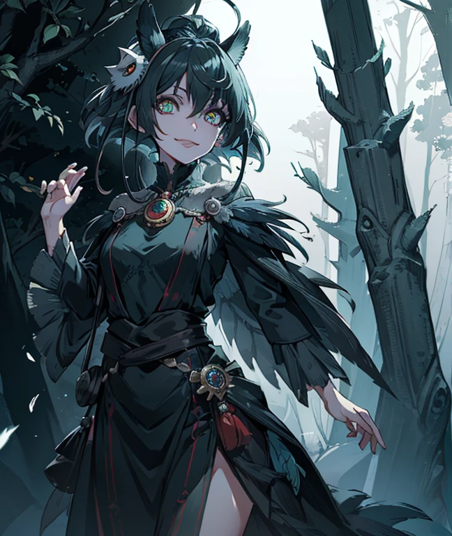 1girl,owl ears,  owl mask,mask on head, big eye, feathers dress, string of fate:2,hand up, smile, looking at viewer, upper shot,night, forest, 
 ((high quality,beautiful,best quality, masterpiece,perfect anatomy,)),crystal eyes, (glowing eyes), 