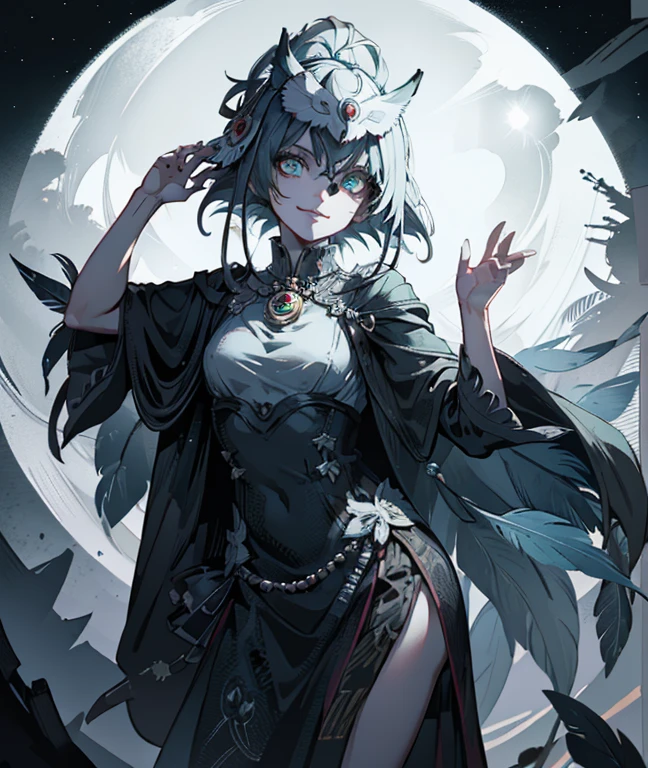 1girl,owl ears,  owl mask,mask on head, big eye, feathers dress, string of fate:2,hand up, smile, looking at viewer, upper shot,night, forest, 
 ((high quality,beautiful,best quality, masterpiece,perfect anatomy,)),crystal eyes, (glowing eyes), 