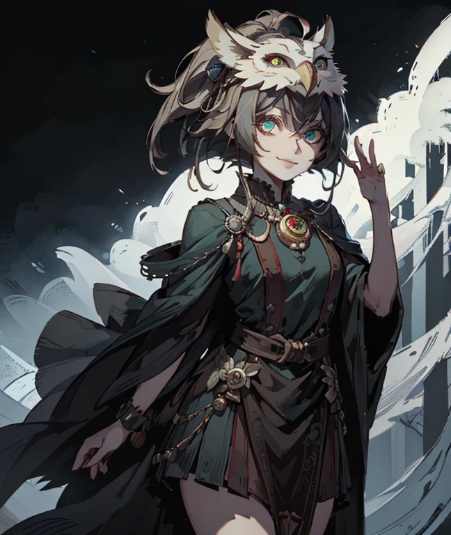 1girl,owl ears,  owl mask,mask on head, big eye, feathers dress, string of fate:2,hand up, smile, looking at viewer, upper shot,night, forest, 
 ((high quality,beautiful,best quality, masterpiece,perfect anatomy,)),crystal eyes, (glowing eyes), 