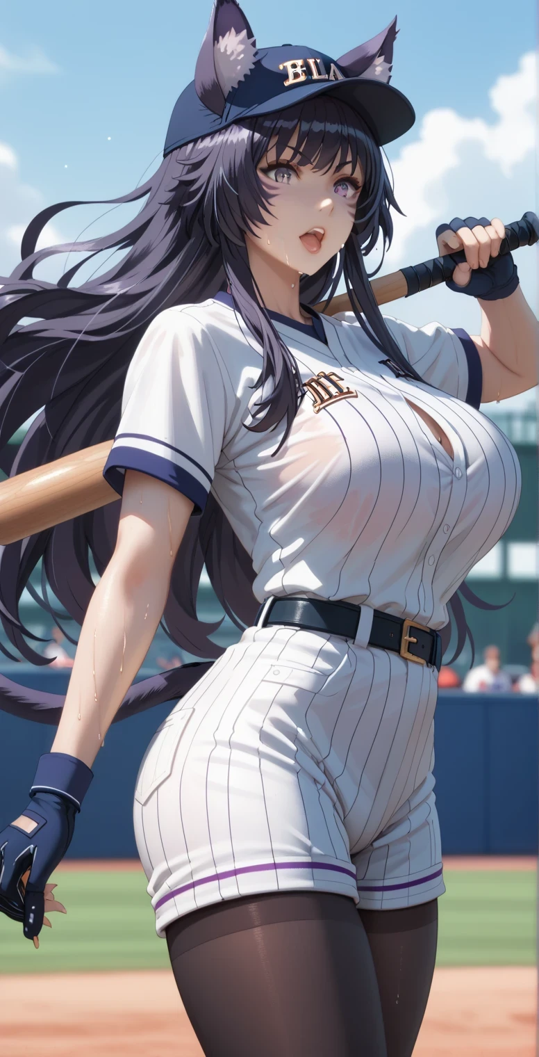 Tall girl, Fit girl,score_9, score_8_up, score_7_up, score_6_up, uncensored, delta, delta from eminence in shadow, long hair, black hair, animal ears, purple eyes, cat ears, animal ear fluff, facial mark,huge breast, 1girl, baseball_bat, baseball_uniform, hat, sportswear, shorts, breasts, belt, baseball_cap, large_breasts, open_mouth, sweat, pantyhose, holding, solo_focus, thighs, clothes_writing