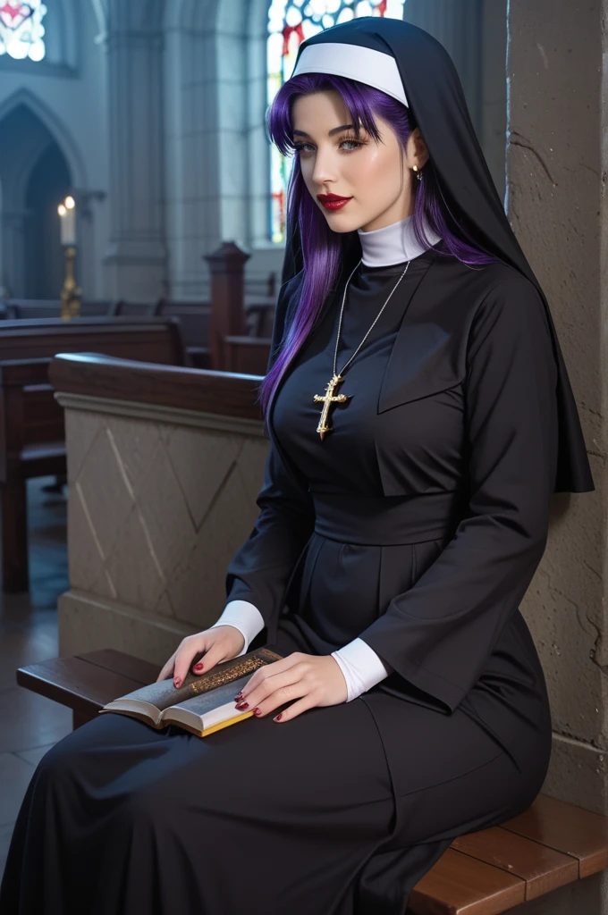 image of a nun with purple hair sitting on a bench reading a book, nun outfit, wearing dark robe, nun fashion model, nun, vampire nun, marin kitagawa fanart, (sfw) safe for work, commission for high res, wearing black robe, an evil nun, official fanart, in dark purple robes, dressed like a cleric, misato katsuragi