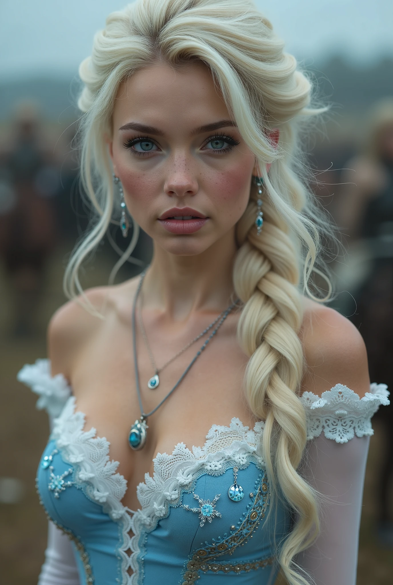 (Realistic:1.2), Analog Photography Style, Scandinavian warrior woman, fantastic snowy setting, braided blonde hair, whole body, Soft natural light, Cute and sexy, Pleasure, detailed face and blue eyes, Great quality, masterpiece, detailed northern background, Quality: 16K, raw photo