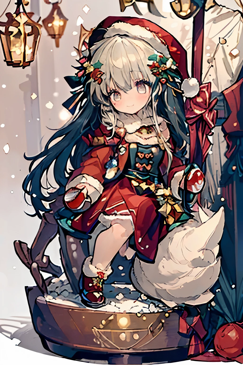 (((Best quality, 8k, Masterpiece: 1.3)), ((best quality)), ((masterpiece)), (detailed), (detailed skin:1.3), (intricate details), "A cheerful teenage girl dressed in a festive Santa Claus outfit, complete with a red velvet coat trimmed with white fur, a matching hat, and knee-high boots. She stands gracefully inside a sparkling snow globe, surrounded by a magical winter scene. The globe rests on a wooden base carved with intricate snowflake patterns, and the interior glistens with swirling snowflakes illuminated by a soft, golden light. The girl’s warm smile and joyful pose capture the holiday spirit, while a backdrop of pine trees and twinkling fairy lights enhances the cozy, festive atmosphere.