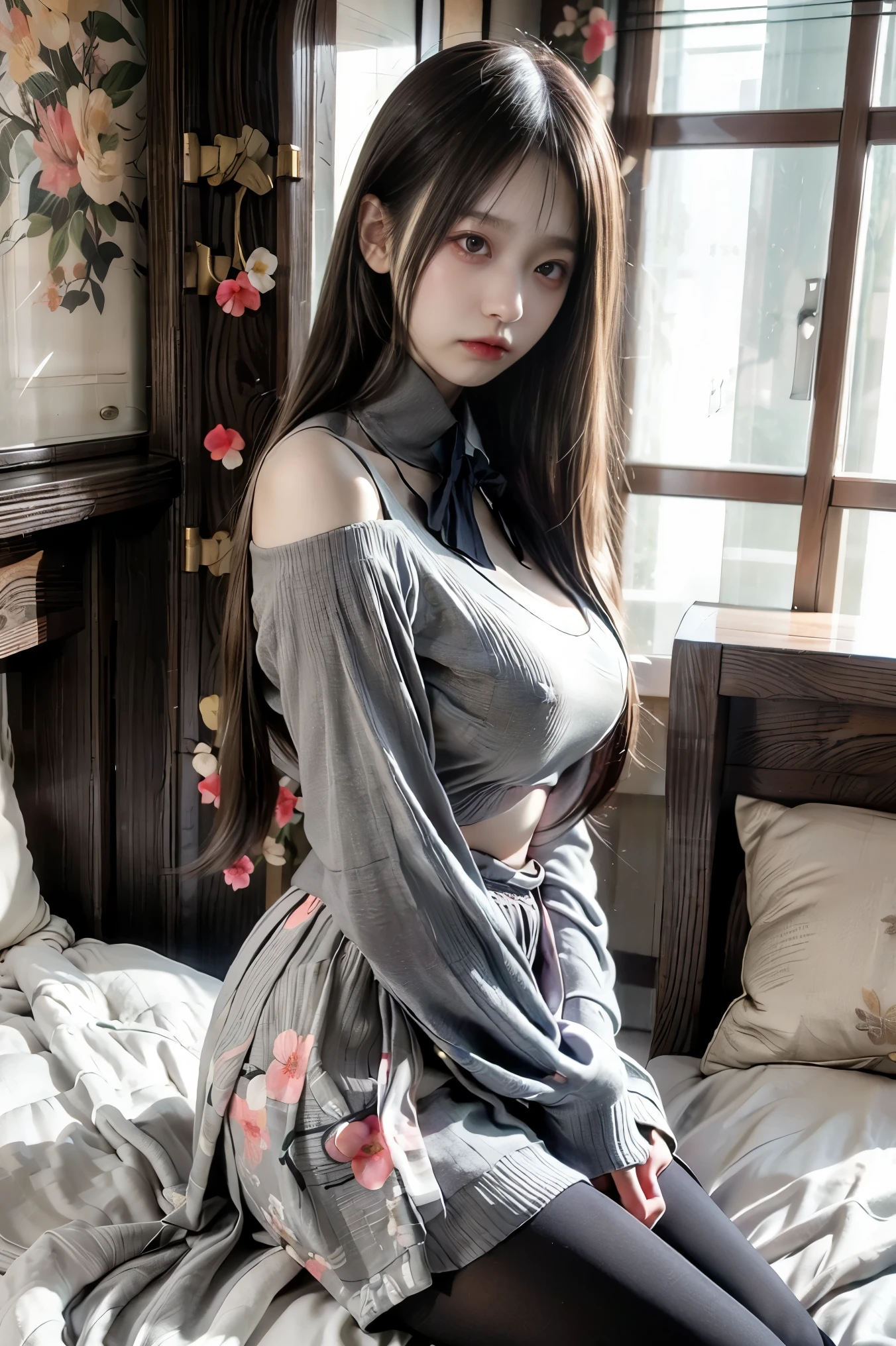 Japanese、Model、Big Breasts、Blonde、 school uniform、tights、 shows shoulders、 cleavage visible、 belly button visible 、 bed、 sitting、Floral