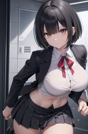  black hair, ( Brown Eyes :1.5),  (Short Hair:1.6), (Rotate:1.6), ( Running:1.4), 
break blazer,  blue skirt ,  jacket, Independent ,  pleated skirt, , Winter uniform, ( short skirt :1.6), ( Mini Skirt:1.6), (Big Breasts:1.6), (slender:1.4), (thong:1.6), 
break looking at viewer,
break indoors, classroom, 
break (  Masterpiece :1.2),  best quality,  high definition ,  Unity 8K Wallpaper, (Illustration:0.8), ( beautiful detailed eyes :1.6),   Highly Detailed Face ,  perfect lighting,  extremely detailed CG , (  perfect hand,   perfect anatomy  ), black hair long hair, big breasts、