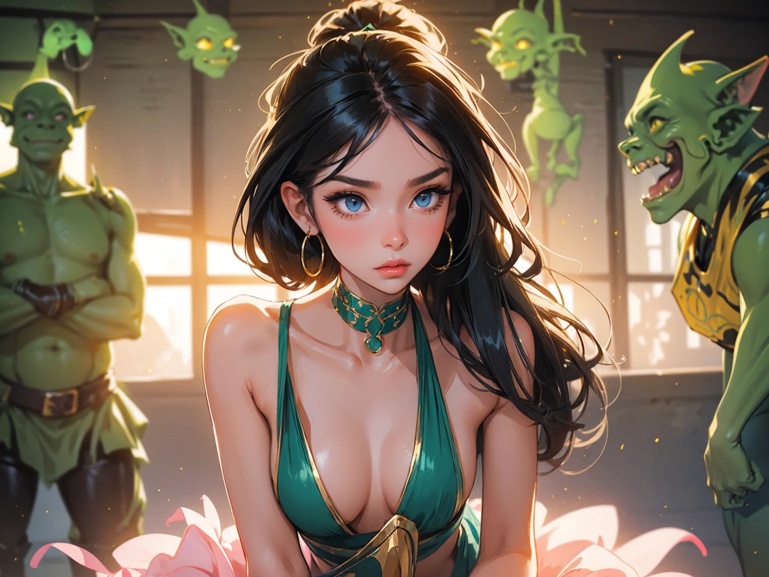 1girl,a beautiful fashion model ,(masterpiece, official art, best quality),long and shiny hair, black hair, long ponytail, hair strand between eyes, full lips, upturned nosebig breasts, stripping, elegant makeup, exhibitionism, naked in public, akali, slim thighs, toned body, shiny skin, sexy pose, blue eyes,(( (slender, skinny, slim))), gold hoop earrings, pink eyeshadow, cute face, (((human girl, goblin gangbang, multiple boys))), (doggy style sex)