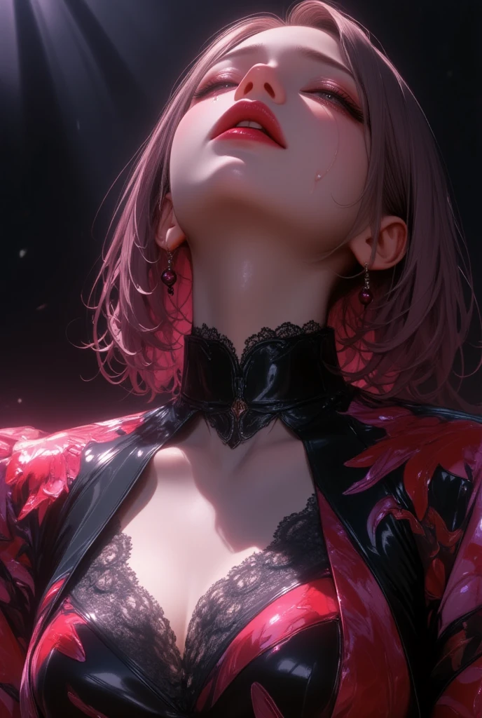  Black Lily Kimono 、Lace gloves、   attractive, desire, Obscene,    mature mature ,   attractive体のラインの  , ((       fine facial features       ,     open your mouth , eroticism)),     Dramatic Lighting   , Realistic, 8k,     Dramatic Shadows  ,    intricate and elaborate patterns     ,      super detailed photo      ,     chiaroscuro lighting   ,     Pleasant colors   ,     deep contrast    ,    super real 、 (((Crimson Tears :1.4)))、Pink lipstick、 Open Chest 、 deep cleavage、A girl is crying with tears