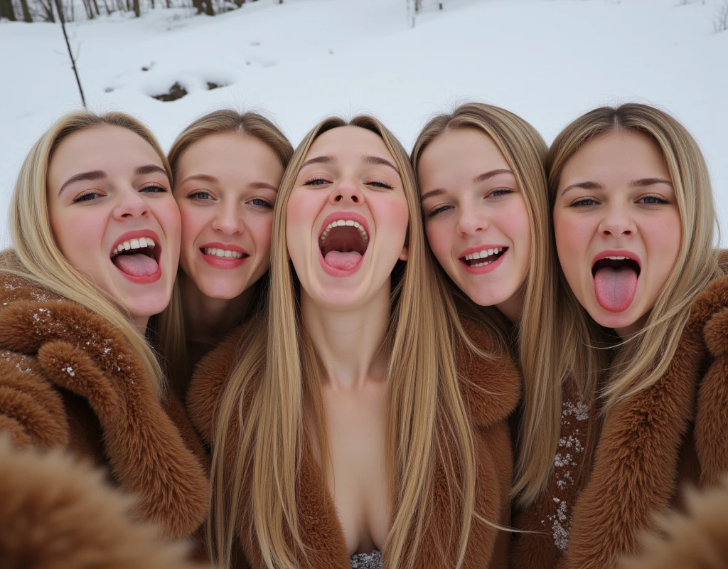  is wearing a fluffy fur coat、Fair-skinned、 RUSSIAN GIRLS。Blonde、winter、 Brown fur、 Voluminous Fur 。(((Sexy Breasts、Armpits)))5 people。Amateur photography selfie of a young crazy female with open mouth and [uvula|tongue|uvula], [laughing|yawning|laughing], looking eyes at camera, sweatpants, Bra, standing, sneakers, ultra high quality, very detailed skin (skin pores, blemishes, tiny freckles [and moles ]) [tastebuds on tongue] [:perfect eyes:0.24]