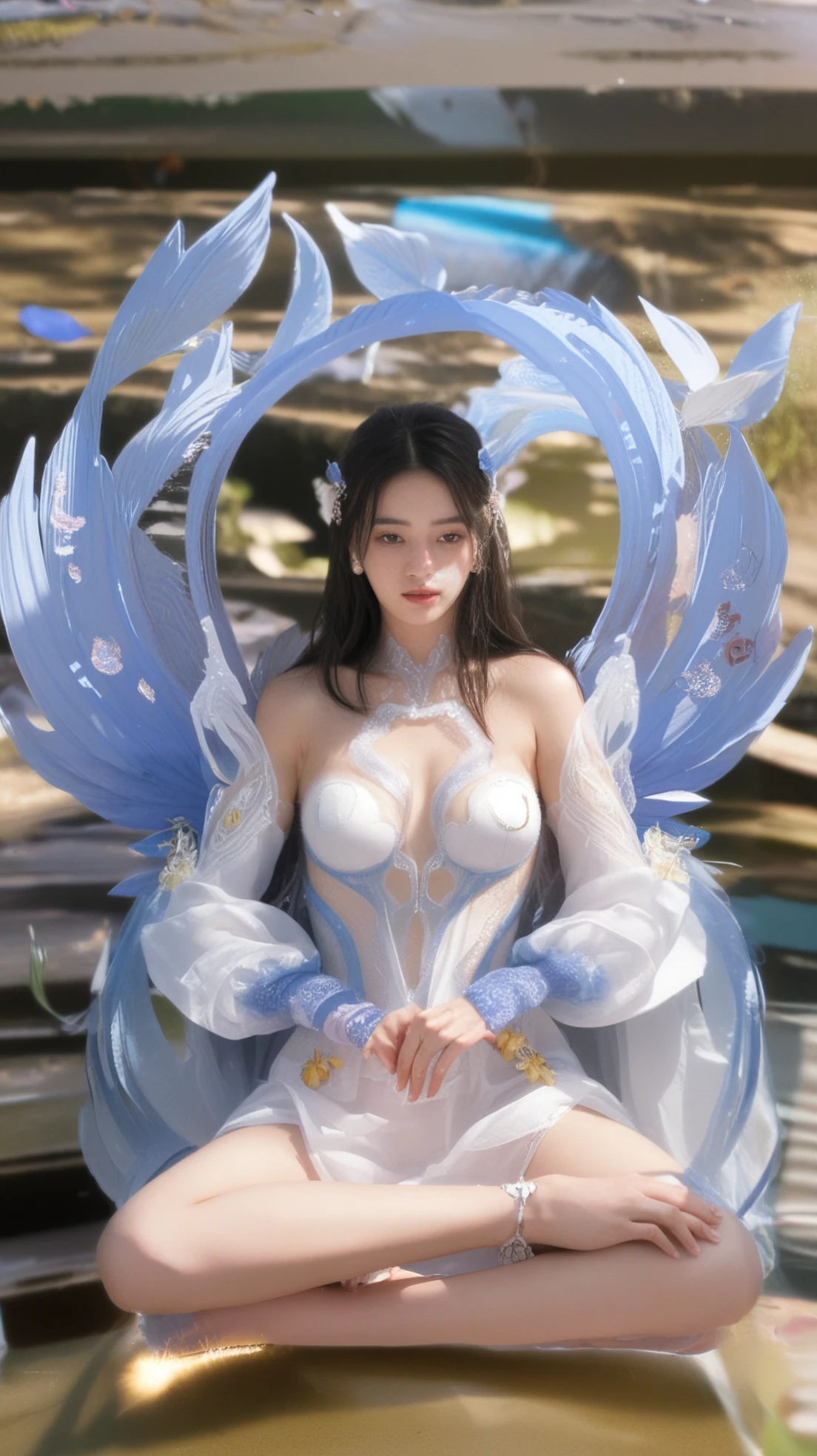 8K Ultra HD、Digital SLR Camera、soft light、high quality、Volumetric Lighting、frank、photo、high resolution、4K、8k、Bokeh,The eyes and face are very detailed,Clear eyes,Bright Eyes, Delicate lips, Smile shyly, Pretty Face,Oval face, Create stunning girl images, warm color, Very high color saturation,The legs look very long from the front,dynamic poses,Normal standing posture,black background,Chinese fairy tale women,Golden Ratio, Minimalism,Transparent and visible skin, purple clothing,Transparent silk long-sleeved Hanfu,Transparent underwear,Blue Hair、Gradient Hairstyle,Cleavage、Exposed breasts、sexy、very detailed breasts, d cup size,