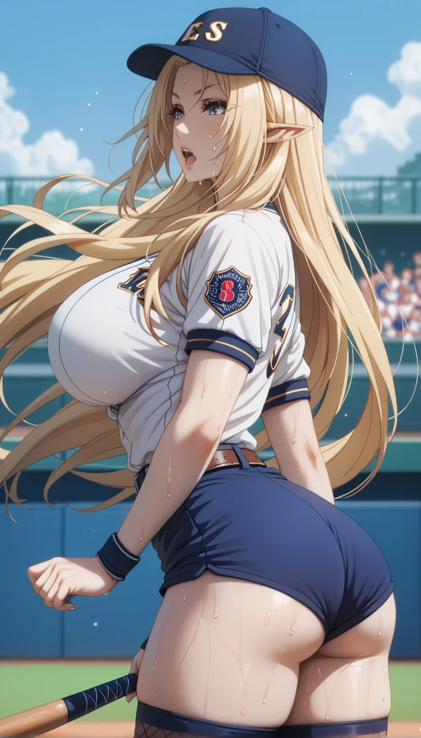 Tall girl, Fit girl,score_9, score_8_up, score_7_up, score_6_up, uncensored,, 1girl, alpha, elf, long hair, blue eyes, blonde hair, pointy ears, huge breasts and a beautiful ass, Tall girl, Fit girl, 1girl, baseball_bat, baseball_uniform, hat, sportswear, shorts, breasts, belt, baseball_cap, large_breasts, open_mouth, sweat, pantyhose, holding, solo_focus, thighs, clothes_writing