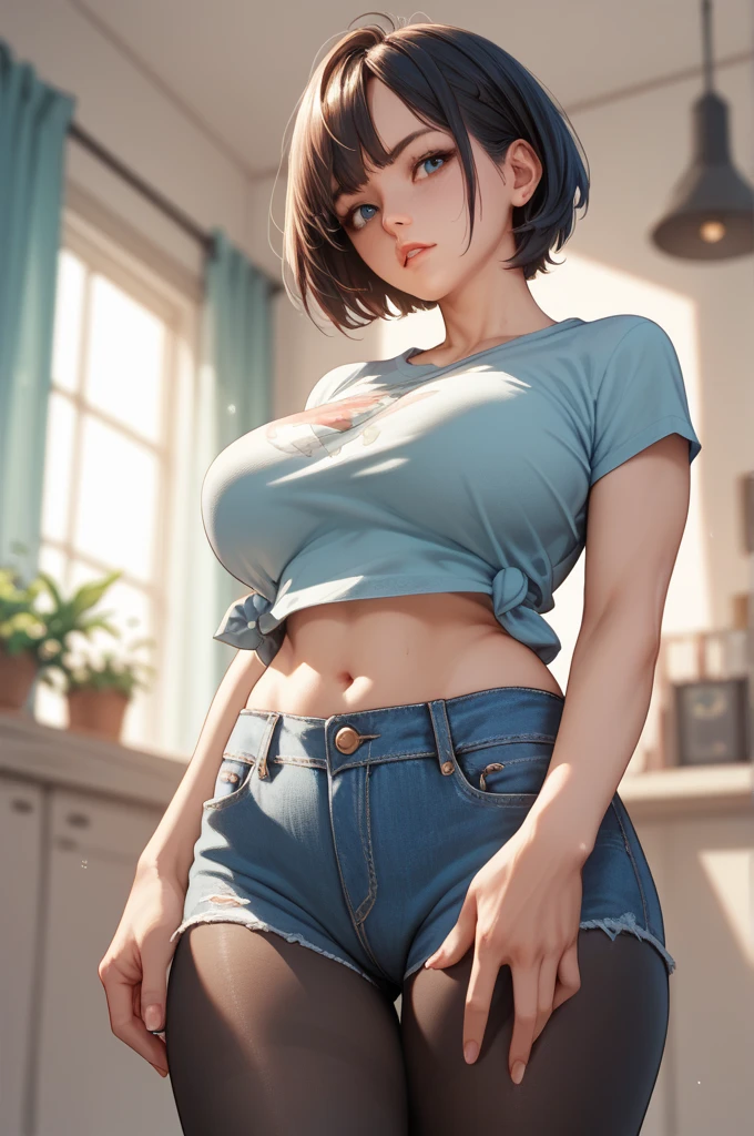 best quality, 1girl, masterpiece ultra detailed, illustration, glossy lips, indoors, standing, big breasts, (very short shorts, short denim shorts, micro shorts, latex crop top), light smile, view viewers from the front, tigh strap, cleavage, presenting panties in her hand