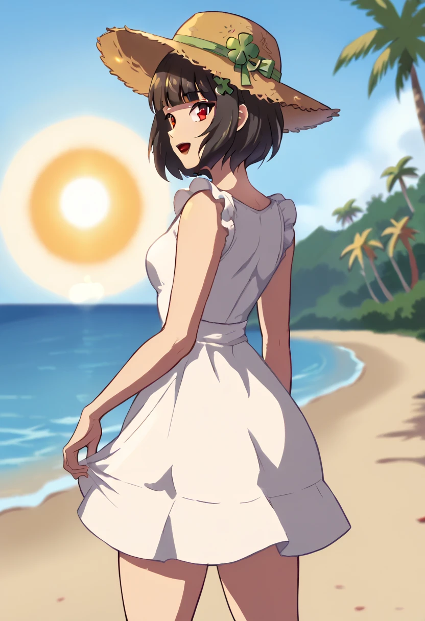 anime screencap,
HanasakaYui,
1girl, solo, open mouth, light smile,
medium hair, black hair, blunt bangs, brown eyes, clover hair ornament, hair ribbon,
YuiDress, sundress, sleeveless dress, white dress,
sun hat, straw hat,
from side, from behind, looking back, cowboy shot, standing,looking at viewer,
beach, horizon, water, palm tree, blurry background