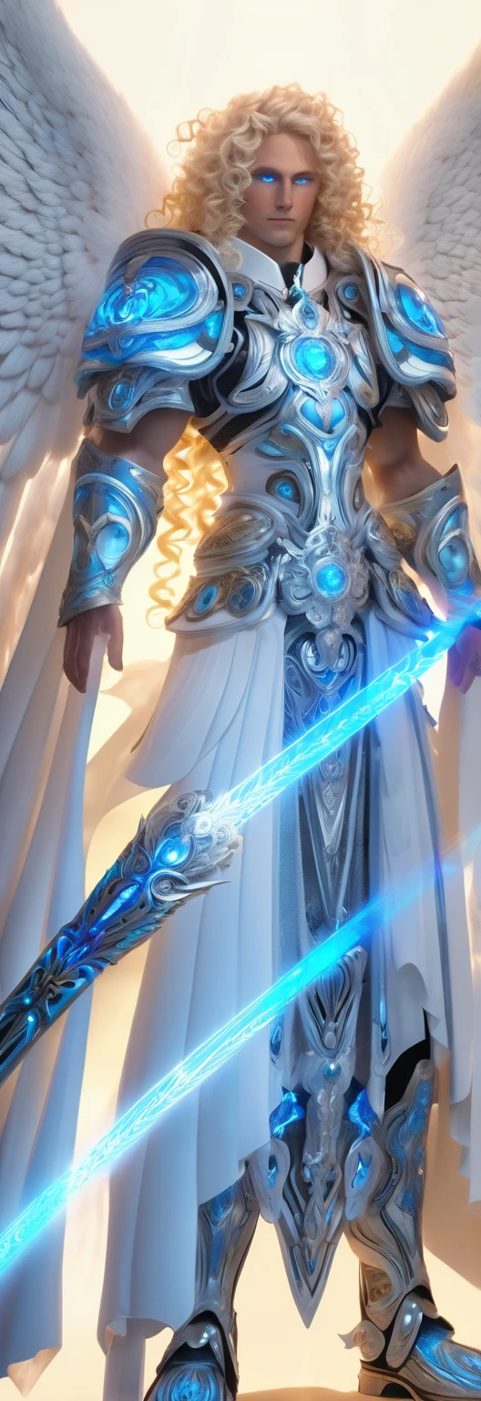 Portrait of an giant angel  with Dark Aura and blue eyes, curly  blond hair , white aura , with a sword 
