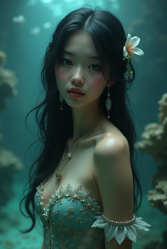 (masterpiece,best quality:1.4),(8k,raw photo,photo realistic:1.2),shiny skin,detailed skin,detailed face,detailed eyes,Detailed hands,Detailed Background、1girl,Japanese idol,(beautiful face),(Shining Eyes:1.1),、smile、Symmetrical eyes、、Great background、Great location、((Sexy Costumes))、Upper Body、(Detailed cute little mermaid,Live-action adaptation,The Little Mermaid,)、coral,Small tropical fish,In the water,swim,Full body portrait,Ocean,mysterious,nswf