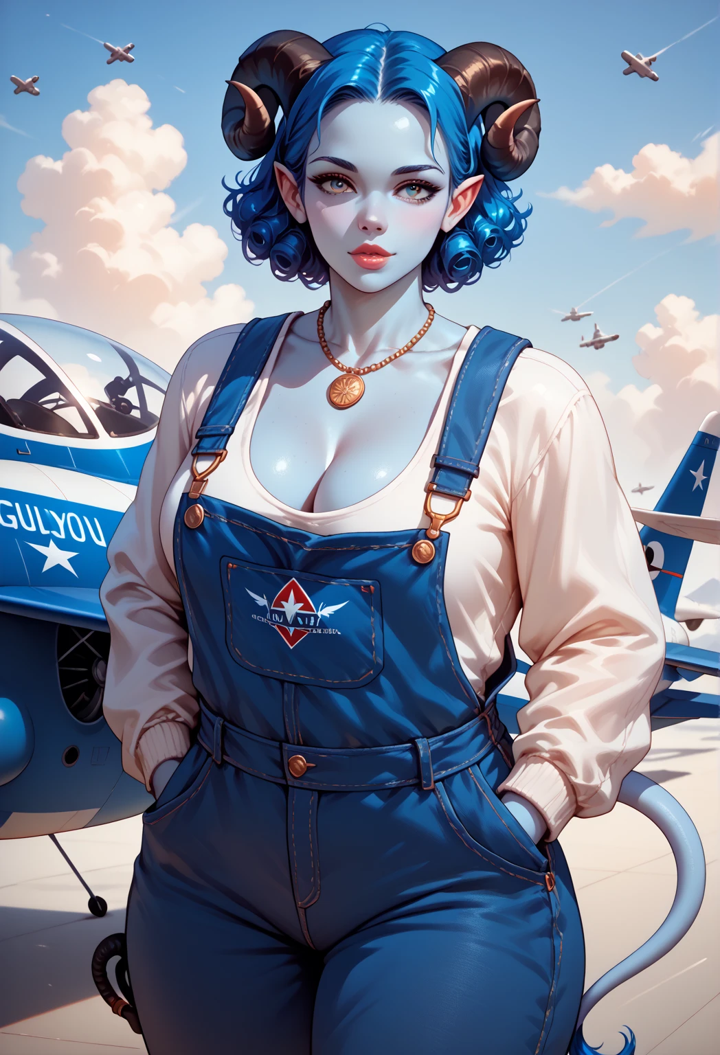 A gorgeous bulky muscular ((blue-skin:1.3)) tiefling woman with short blue hair, necklace, sexy, sultry, alluring , medium breasts, cleavage, curled horns, cloven tail, piloting a fighter plane, wearing pilots overalls and oxygen mask