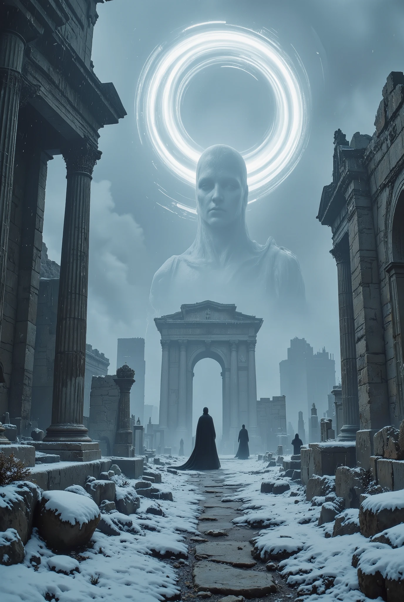 (8k, Top Quality, Masterpiece), (Realistic, RAW Photo, Super Fine Clear), Realistic Light, , {(Ancient City Ruins:2.0), ancient roman ruins, Headless crumbling broken stone statue, blizzard, thunder :1.5}, , double exposure, complex light source, various light sources, swirl of light, silhouette, (distant view:1.5)