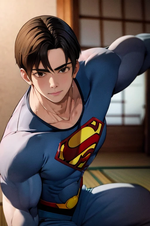 Backstreets,  Japanese beautiful young young man with a cool and handsome face 18 years old, Superman Armor , 18 years old,   thin macho, : 190cm,  long bangs ,   hair bleeding from the vagina 