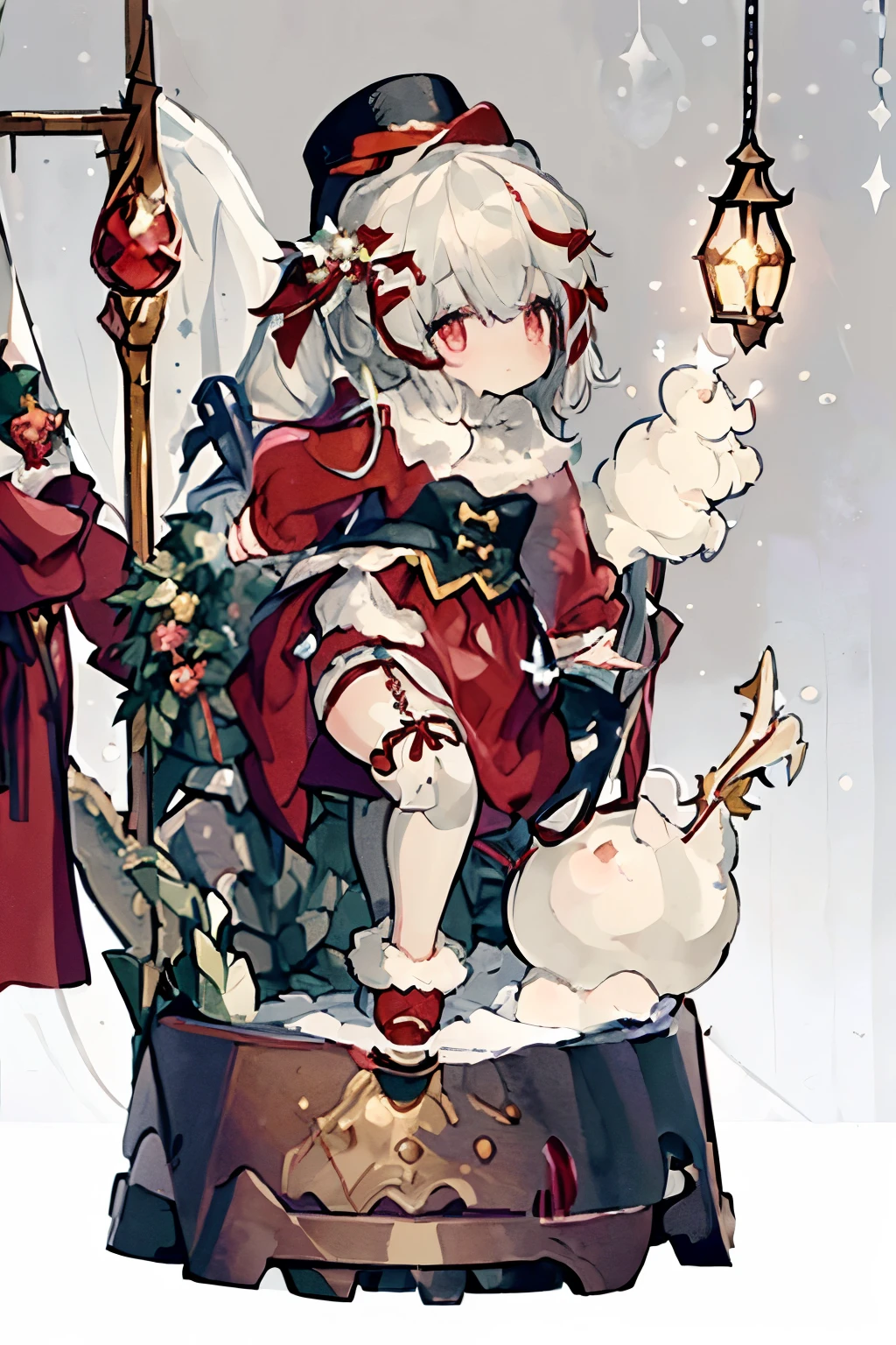 (((Best quality, 8k, Masterpiece: 1.3)), ((best quality)), ((masterpiece)), (detailed), (detailed skin:1.3), (intricate details), "A cheerful teenage girl dressed in a festive Santa Claus outfit, complete with a red velvet coat trimmed with white fur, a matching hat, and knee-high boots. She stands gracefully inside a sparkling snow globe, surrounded by a magical winter scene. The globe rests on a wooden base carved with intricate snowflake patterns, and the interior glistens with swirling snowflakes illuminated by a soft, golden light. The girl’s warm smile and joyful pose capture the holiday spirit, while a backdrop of pine trees and twinkling fairy lights enhances the cozy, festive atmosphere.