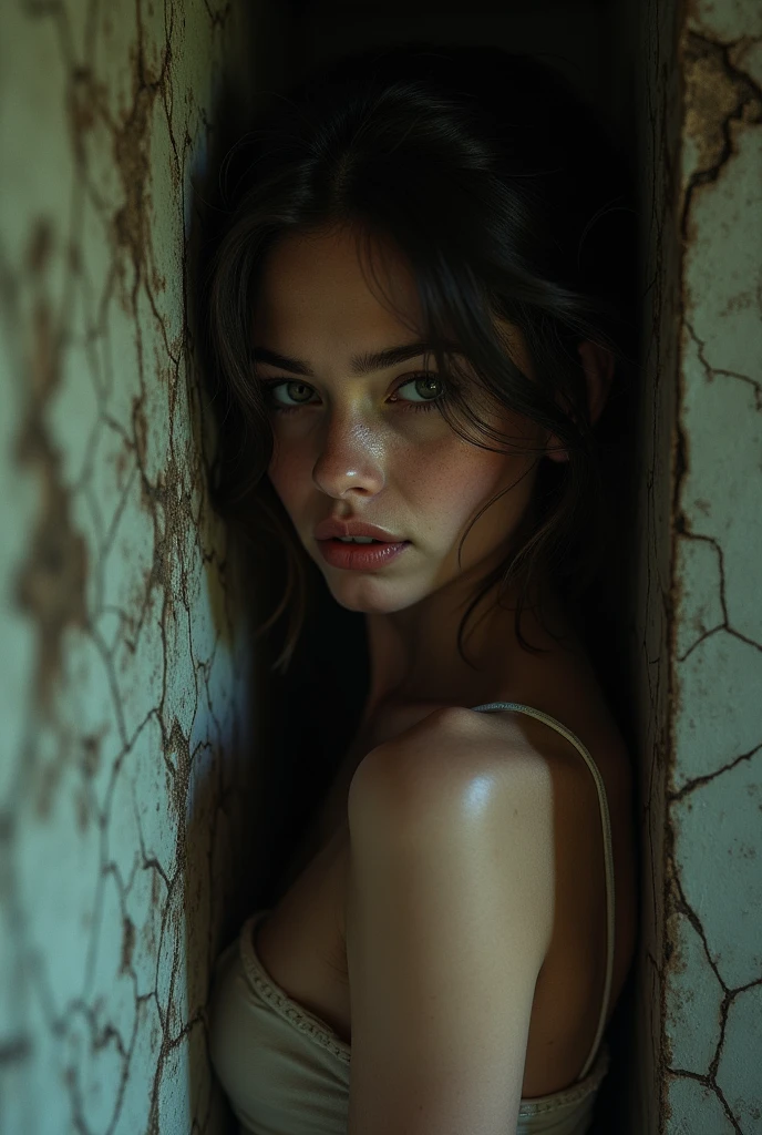 a woman behind a wall, unclothed