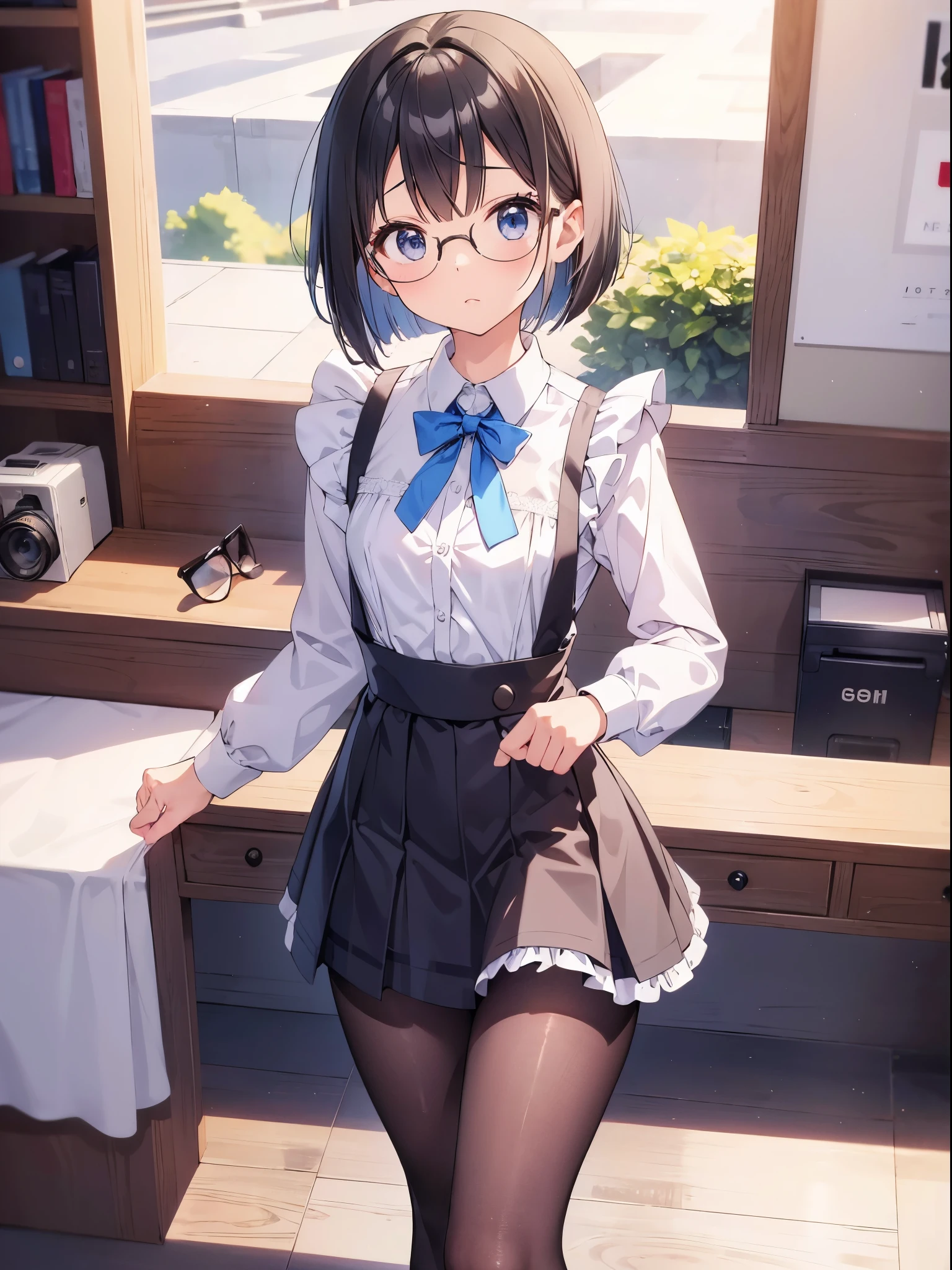 (8k、RAW Photosgraphy、highest quality、masterpiece:1.2),Staring at the audience,Viewed from the front,Long Bob Cut,strong,Muchimuchi,erotic,student,Light green Bra,White skin,knees,(Black Pantyhose),Absurd,Small Face,,Very large breasts,Big Breasts、前hairを真ん中から分ける、The forehead is visible,(Cold look,eyeを細めて,Glare,strong,skinny,Sanding,Rage)、masterpiece,highest quality、超A high resolution,RAW Photos,Len,Beautiful poop,one person, solo,Glasses,,Dark look,whole body,Round Glasses、cute、Back to Students,JK ,high school girl,Japanese women,standing,(Photorealistic:1.37)、Photon Mapping,Realistic、cute顔,茶色のeye、Black socks、(Red bow tie)、Radio City、物理ベースLenダリング、prospect、Depth of written boundary、Blurred Background、picture,Girls、body,Beautiful feet, Long legs, Thin legs,Tie your hair into one strand on your chest,(前hairが見える), hair, Lips, green_eye, Nose Soft,(Light blue shirt), (Navy, blue and white checkered pleated skirt), kneesが見える,See-through clothing,, thigh, black cotton socks,Nogizaka Idol, , Japanese Ido
