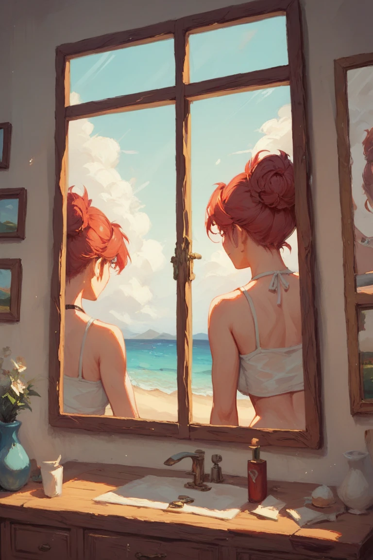 an impressionist painting of a red-haired woman , desnuda, looking in a mirror ,  there is a window next to the mirror with a view of the beach and a sunset