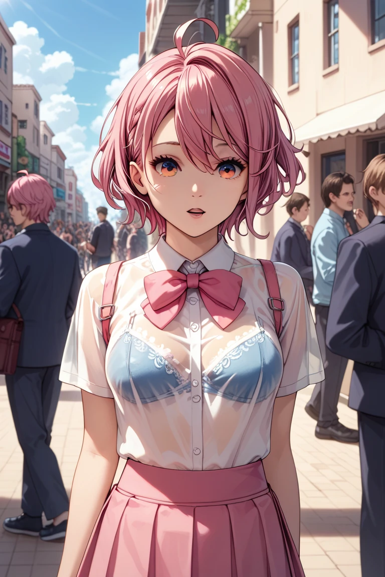   Masterpiece ,  best quality,  high definition ,  absurd,  1 girl, Crowd full of men ,  skirt, Gasai Yuno,  Exposure Clothes ,  Skintation , Outdoor, sunlight, street,  viewers who can see through their bust,　Shiratori Aira,    asymmetrical short hair with left side rise  ,  Smooth hair、Ahoge,     Pink Hair, Pink Eyes,  white shirt,  white lace panties