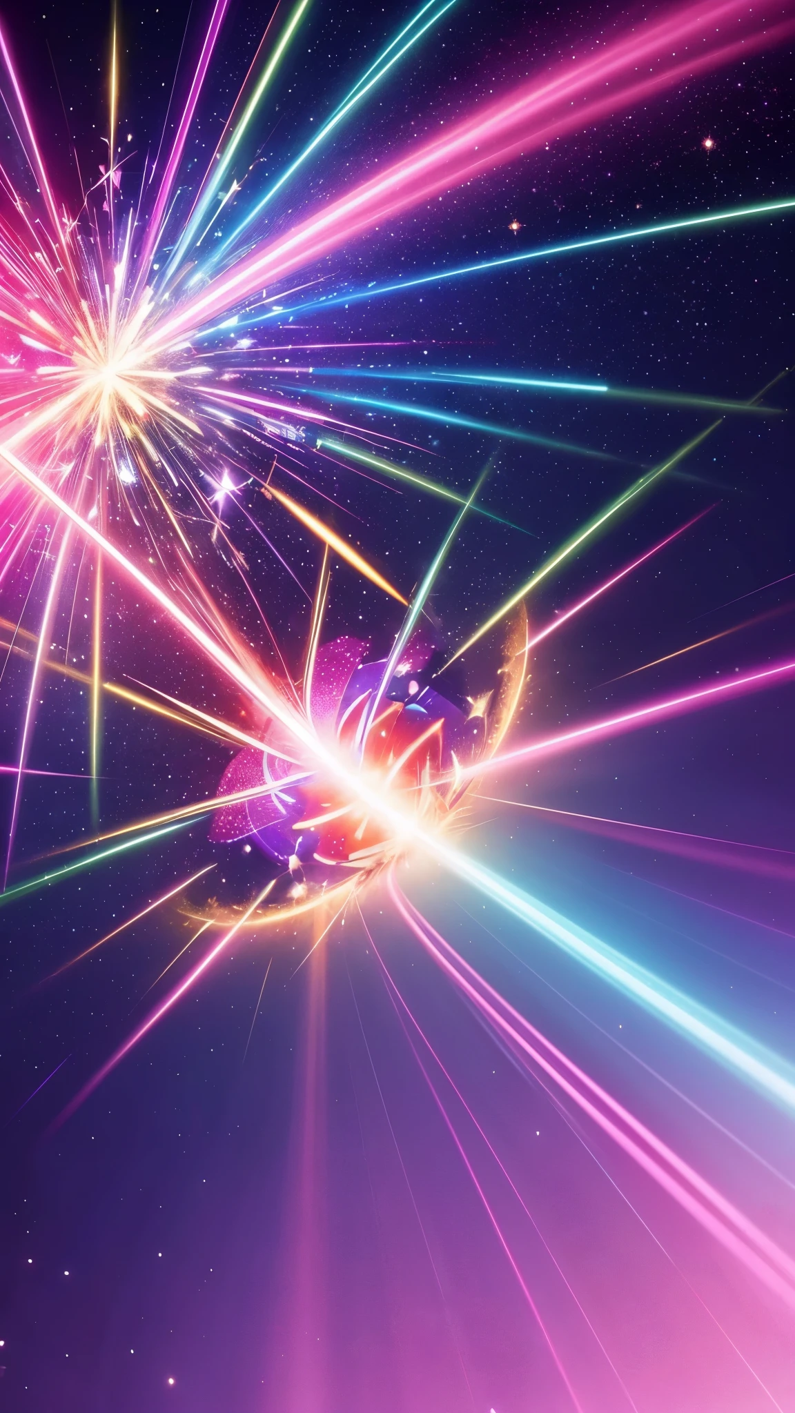 A dazzling illumination scene inspired by vibrant and colorful light beams, featuring radiant hues of pink, purple, and blue with sparkling effects. The image showcases a dynamic composition of lights bursting outward like rays in a futuristic and festive atmosphere. Create the image with a 9:16 aspect ratio, emphasizing depth and energy in the light design."