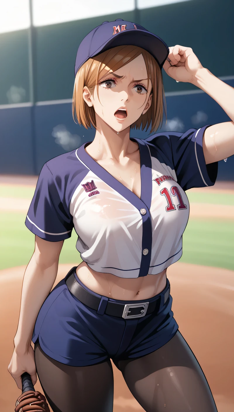 kugisaki nobaraXL, Tall girl, Fit girl,score_9, score_8_up, score_7_up, score_6_up, uncensored, kugisaki_nobara, short hair, brown hair ,huge breas,1girl, aseball_bat, baseball_uniform, hat, sportswear, shorts, breasts, short_hair, belt, baseball_cap, large_breasts, open_mouth, sweat,black pantyhose, holding, solo_focus, thighs, clothes_writing