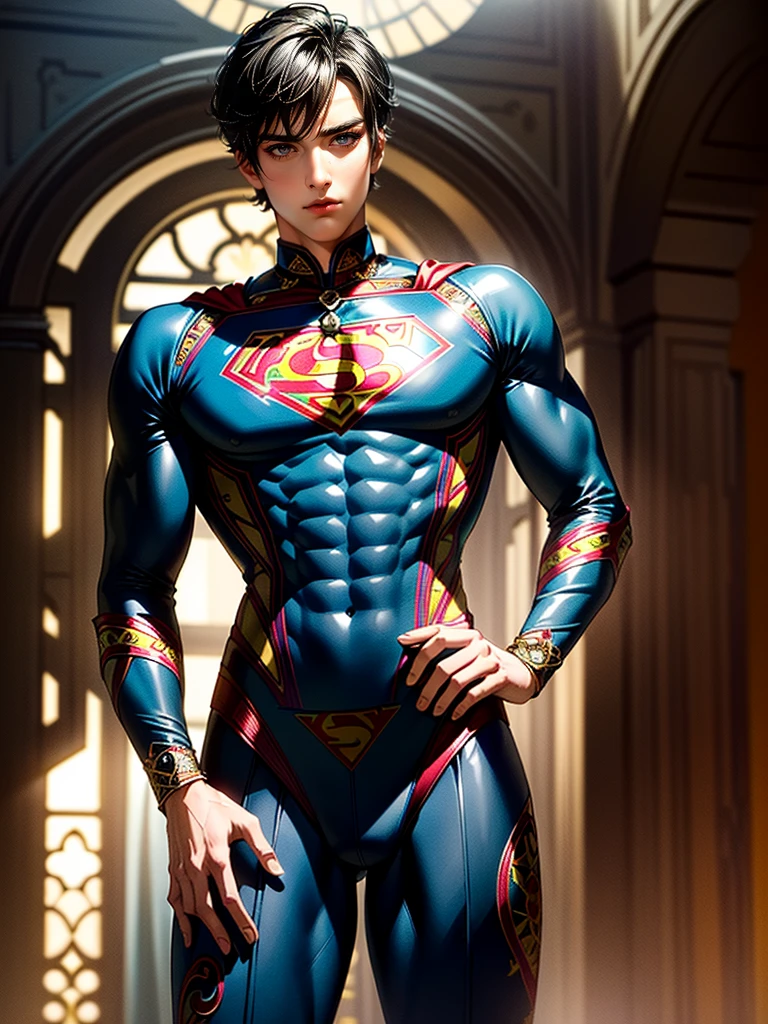 Young hero boy with medium black hair shaved on the sides, bright blue dragon eyes, high collar sleeveless hero outfit, blue and black outfit, hero flying through the city of São Paulo in Brazil