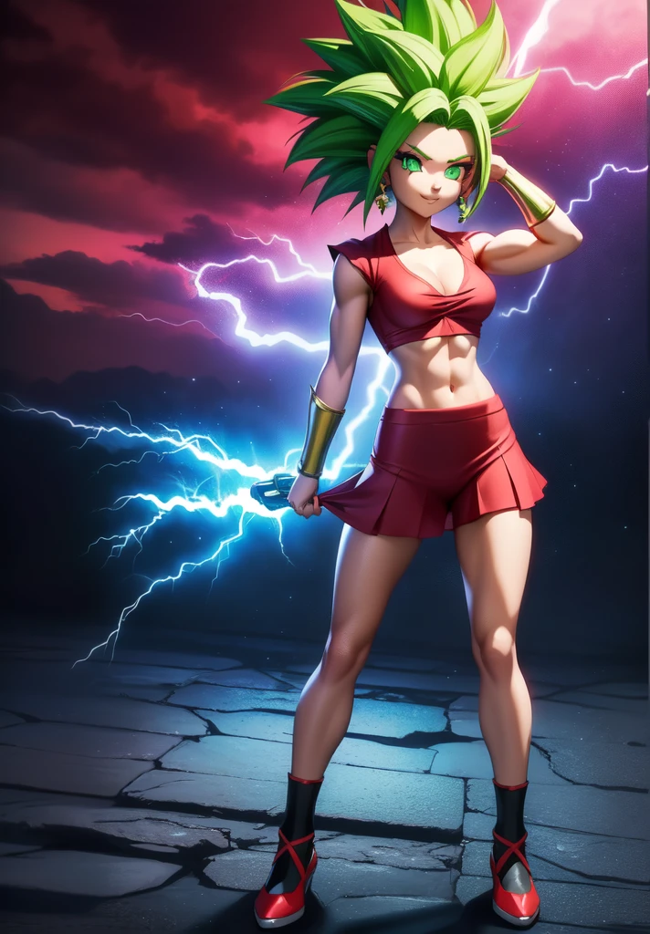 Kefla, 1girl, solo, red skirt, bike chiffon shorts, red chiffon shirt, green hair, smile, glowing eyes, green eyes, aura, thunder, spiked hair, muscular female,, (acclaimed, alluring,full body, captivating, exciting, gorgeous, striking:1.3), (trending on CGSociety, trending on pixiv, contest winner:1.3)