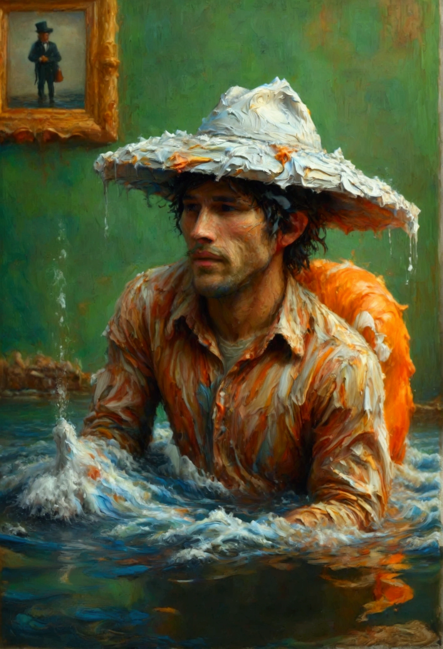 young man with paper hat, chimney in the hat that emits little smoke, symbolizing dreams, riding an orange horse, submerged half its legs in the water, realistic reflections and normal water ripples, realistic, horizon at a low golden height, with a background finished off on a greenish-grey wall, with a painting hanging in the background with the same motif as the scene, natural lighting, take the image with a Sony Alfa camera, 250 mm, yellow horse