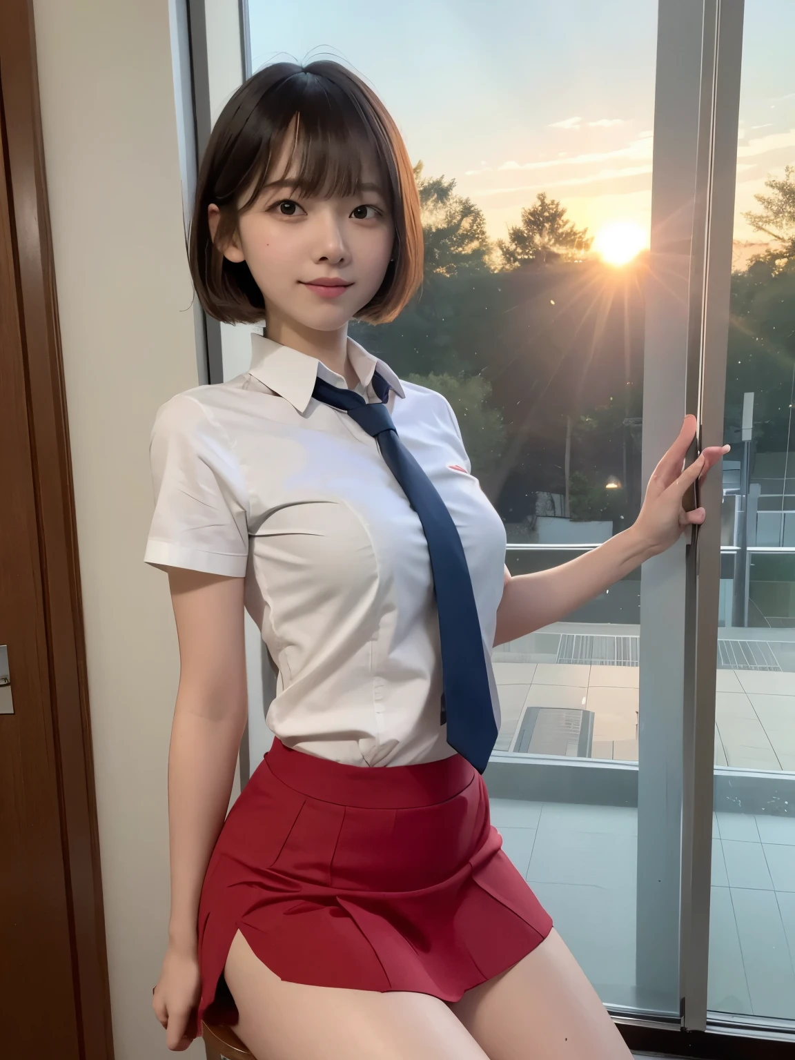 (Highest quality、8k、32K、masterpiece、Hmph:1.2)、(masterpiece, Highest quality), Realistic photos, high school girl、17 years old、Short Bob Cut、Instagram, Bright colors, High Dynamic Contrast, Slender figure、thin、Small, shapely breasts、One girl, Blonde, Purple eyes, Lips parted, blush, compensate, A light smile, Red tie、White short-sleeved shirt、sexy、Red exy、Sweat, Wet, light, Shine, Tight waist, (masterpiece), wallpaper,