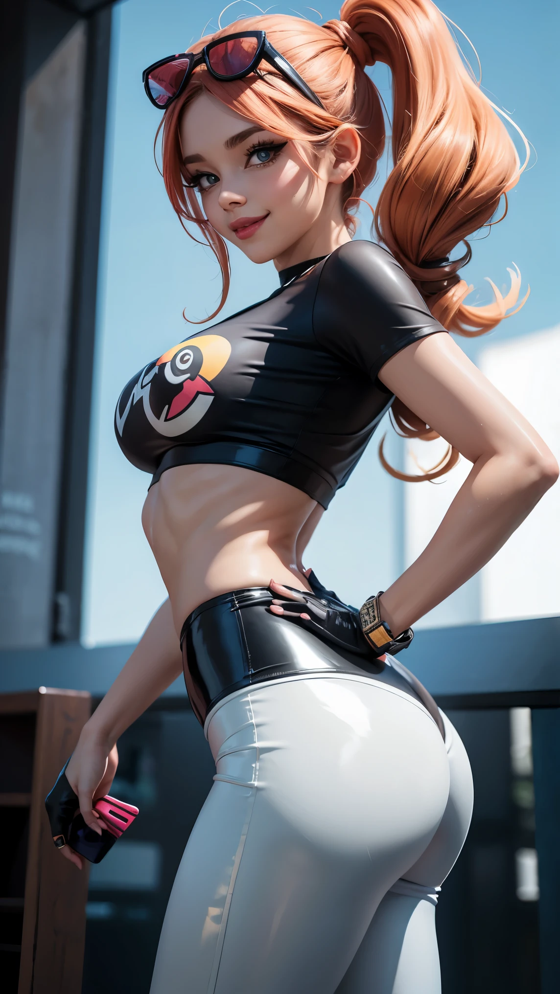 Sonia (Pokemon), Underboob t-shirt, latex leggings, perfect ass, perfect breast, perfect body, slim, sexy, beautiful, cute, smile, 8k