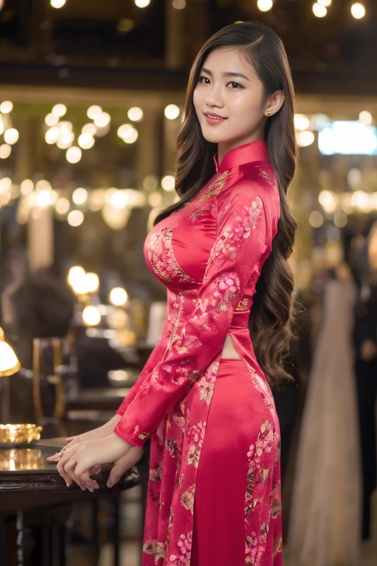 ((Vietnamese girl wearing colorful floral patterned ao dai, super big breasts, showing cleavage, chubby body, really cute face, high quality detailed photos, 8k HDR photos, super big breasts, cleavage, topless, standing in a crowded entertainment area, big breasts))