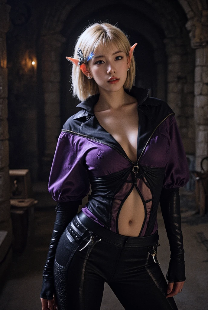 8K,Super beautiful elf with short blonde bob hair、Super Beauty(Like the real thing),Ala-fed woman in purple and black costume posing with a sword、超詳細なFantasy Characters、3D Rendering Character Art,blue eyes、artgerm;3D Unreal Engine、Fantasy Costume、4 k detail fantasy、2.5 d cgiアニメファンタジーアートワーク、Stunning Armor、Fantasy Characters、Stunning character art、Enchantingなメスマー女性、Gorgeous Female Paladin、Ultra-high resolution、Ultra-realisticな肌、Beautiful expression、Sexy appearance、Enchanting、Beautiful small breasts,Rich colors、Backlight、Cinema Lighting、Film Grain、50mm lens、Nikon D850、Ultra-high resolution、Ultra-realistic、Dynamic fighting poses、In a dimly lit dungeon、Makeup、Elf Ears,Very muscular and slim body,Very very strong abs,