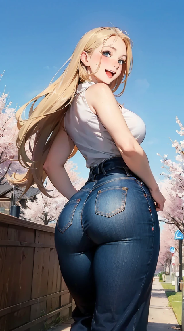 1 girl,(((blonde))),(((long hair))),(((chubby))),(((big ass))),(((MILF))),(((jeans))),(((white shirt))),(((neckline))),(((garden))),(((sunlight))),(((tree shadows))),(((tree shadows))),(((fragmented light))),(((masterpiece))),(((bright colors))),(((contrast of shadows)))