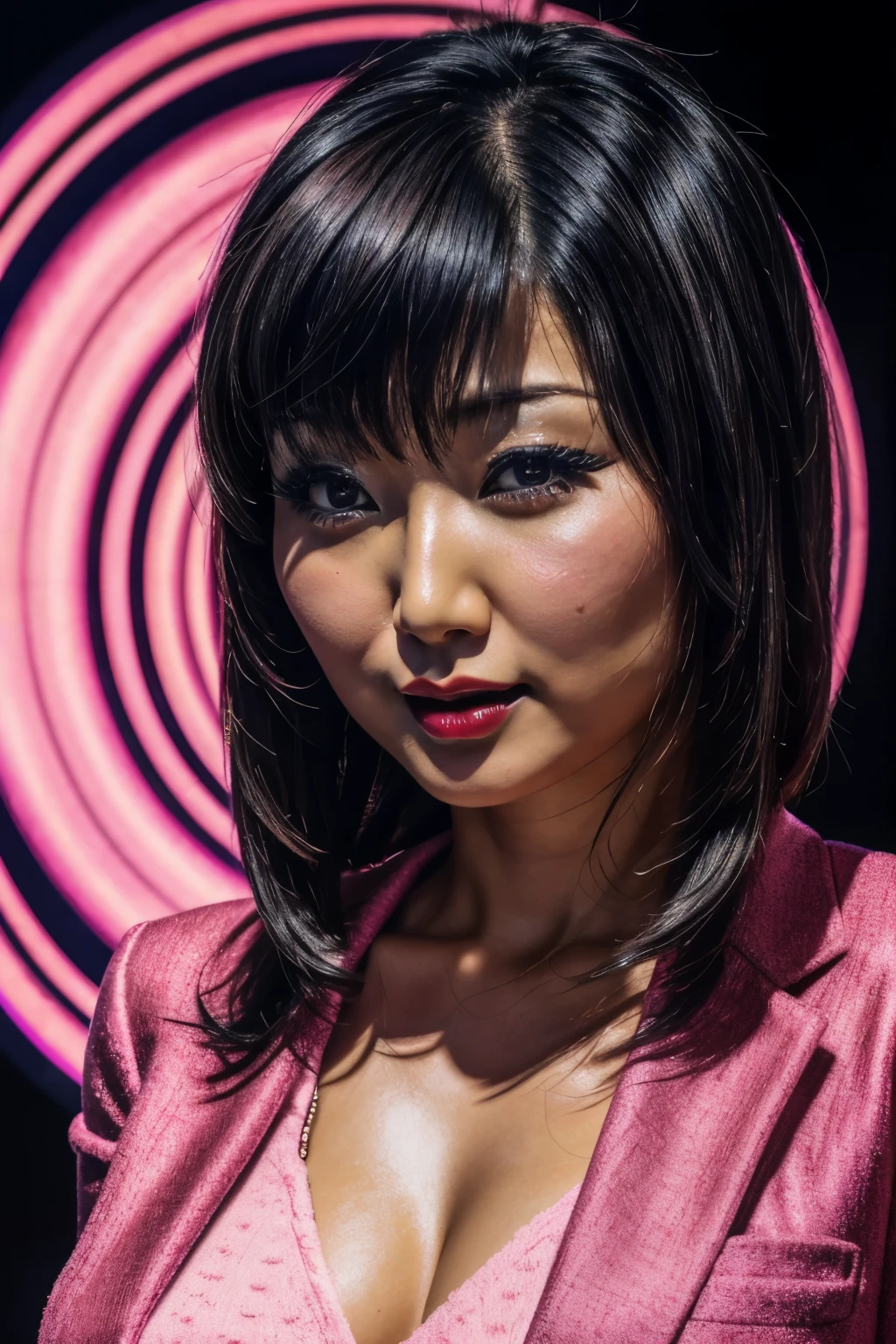 hypnotism師,  Japanese, Ashida Yuko, 40-year-old woman,  black hair, Smooth straight middle hair up to the shoulders, Red lipstick, Thick lips, round face,  plump figure , Navy Blue Blazer,  the body and face are facing the viewer ,  viewers, hypnotism, 視聴者にhypnotismをかける, HD quality, ( photo realistic:1.4),  RAW photos ,  Japanese woman , ( high resolution details of human skin texture),  The background is a black swirl of pink light and ripples in a different dimensional space