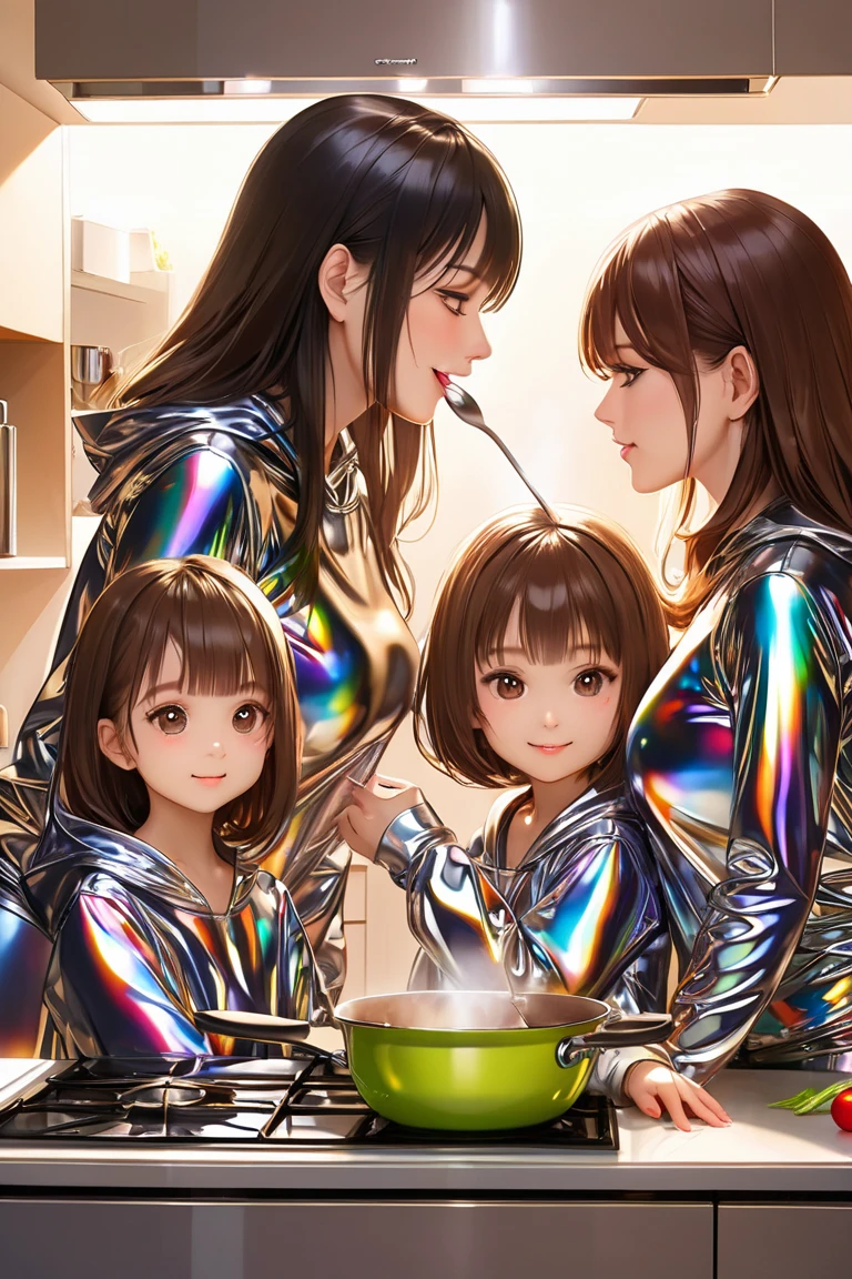 2 mothers and 2 young daughters ,  masterpiece, Lens reflection, Reflected light,  in extremely tight shiny multicolor latex sweatshirt with hood,  high resolution , Make-up,  seductive smile , Are in the apartment and while cooking,  brown hair , Bangs, kiss, 