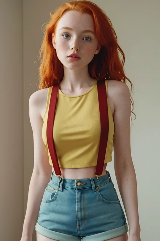 1girl in, age 12, Madelaine Petsch, photo of perfect woman, 5'3", Solo, Aesthetic artwork, (irish redhead, wavy ginger hair, shoulder length ginger hair:1.25), (some small freckles, pale skin, small breasts, B-cup, runners body, very thin waist, skinny, petite, detailed skin texture), (blank background, plain background, blank wall, (wearing an yellow cropped tank top, yellow shirt, denim short shorts, daisy dukes, Misty from pokemon, Misty cosplay, (red suspenders: 1.25), (extremely detailed 8k wallpaper), soft lighting, high quality, film grain, Fujifilm XT3 sharp focus, f 5.6, 50mm, High Detail, Sharp focus,(natural light), crazy details, complex details, hyper detailed