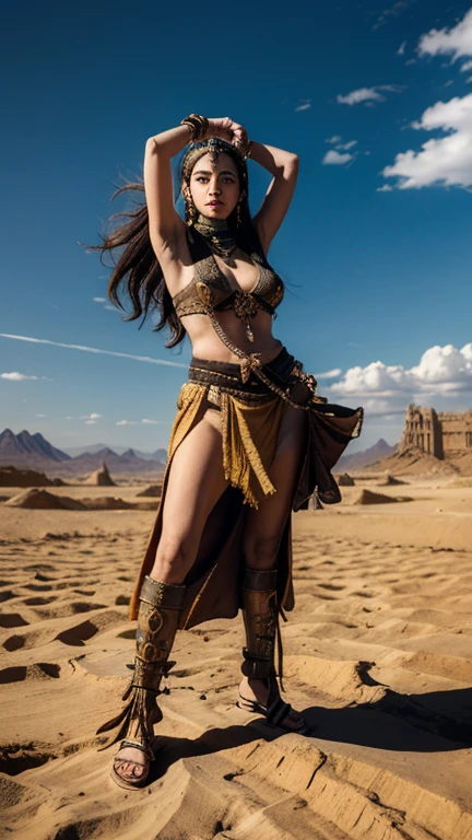 far shot, wide angle, full length portrait, (full body:1.4),  volumetric lighting, subsurface scattering, BREAK,
mythical cinematic establishing shot of beautiful warrior woman, (mixed ethincity of (Thai:0.7) and Turkish:1.2), detailed eyes, detailed face, detailed skin, BREAK, 
sexy armor, Strong, which are full of confidence, Strong Face Features, (flowing hair:1.6), intense gaze, powerful stance, Illuminated by a soft golden light, Vivid colors, An majestic, ornate armor, Dramatic shadows, Textures rich in detail, Sexy look, wide hips, tribal tattoos, tattooed arms, tattooed thighs, BREAK,
in front of (ancient ruin, lost civilization:1.4)