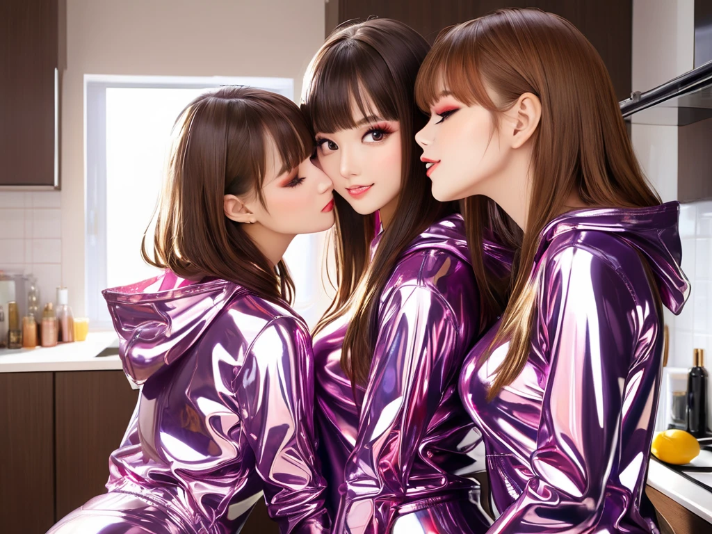 3 girls,  masterpiece, Lens reflection, Reflected light,  in extremely tight shiny multicolor latex sweatshirt with hood,  high resolution , Make-up,  seductive smile , Are in the apartment and while cooking,  brown hair , Bangs, kiss, 