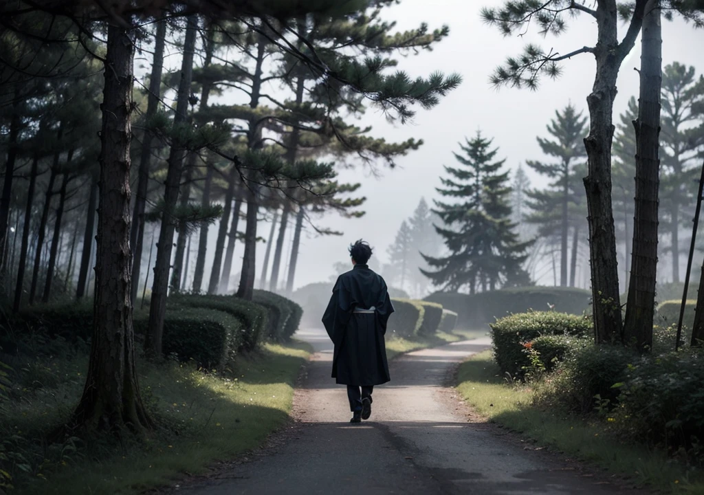 In the eerie silence of a mist-covered forest, Muichiro Tokito stands motionless, as if one with the shadows that envelop him. The towering trees loom like ancient sentinels, their gnarled branches twisting and contorting into unnatural shapes, casting long, foreboding shadows across the forest floor. A thick fog rolls in from the ground, wrapping the scene in a chilling, almost oppressive stillness. The last light of day has vanished, leaving the world in a stifling darkness, with only the faintest hint of moonlight filtering through the canopy above. Muichiro, his expression unreadable and serene, seems undisturbed by the unnerving atmosphere. His pale, almost ghostly presence contrasts sharply against the dark woods. His haori flutters lightly in the wind, and the sword at his side is ready, though he holds it with an eerie calm. With his sharp, perceptive eyes, he stares into the gloom, his mind focused and unclouded, as if the forest itself holds no fear for him. Beneath his quiet demeanor, there’s a quiet intensity—a strength that comes not from force, but from an unshakable clarity, as if the darkness itself cannot touch him.