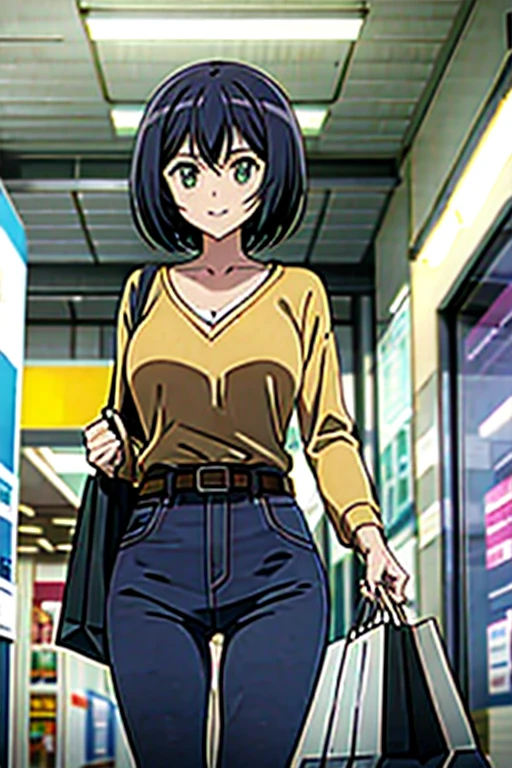 1girl, solo, Kanade sakurada, black hair, short hair, green eyes, orange shirt, v neck shirt, longe sleeves, blue jeans, large breast,full boody, smiling, belt, shoping center, indoors, shopping bag, looking at the viewers, masterpiece,