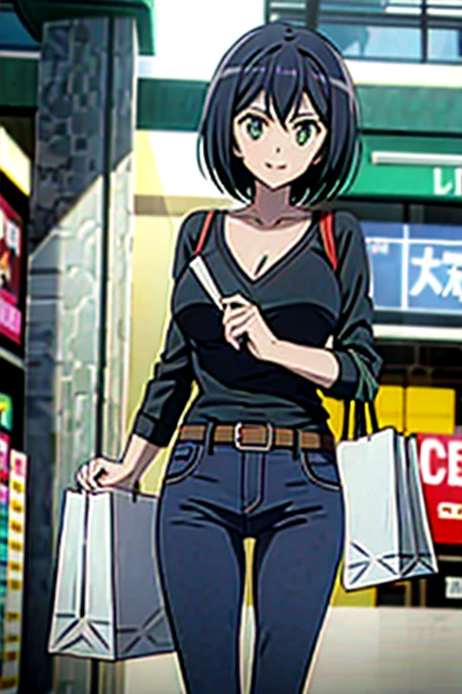 1girl, solo, Kanade sakurada, black hair, short hair, green eyes, orange shirt, v neck shirt, longe sleeves, blue jeans, large breast,full boody, smiling, belt, shoping center, indoors, shopping bag, looking at the viewers, masterpiece,