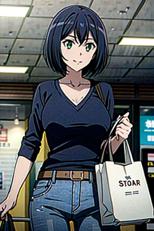 1girl, solo, Kanade sakurada, black hair, short hair, green eyes, orange shirt, v neck shirt, longe sleeves, blue jeans, large breast,full boody, smiling, belt, shoping center, indoors, shopping bag, looking at the viewers, masterpiece,