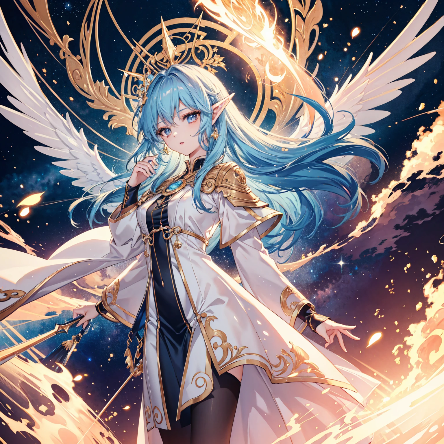 Ethereal battle scene， anime style, celestial high elf-seraph hybrid, 20yo appearance, long starry dark blue hair with golden highlights, iridescent eyes, slender muscular build, 185cm tall, ornate white and gold battle robes, six luminous angel wings spread wide, wielding flaming holy sword "Solar Flare", red-orange flames engulfing blade, star-shaped mark on forehead, pointed ears, standing protectively beside Princess Aria, manipulating cosmic energies, swirling weather patterns in background, dynamic pose, intense lighting, magical aura, highly detailed, 4k resolution,