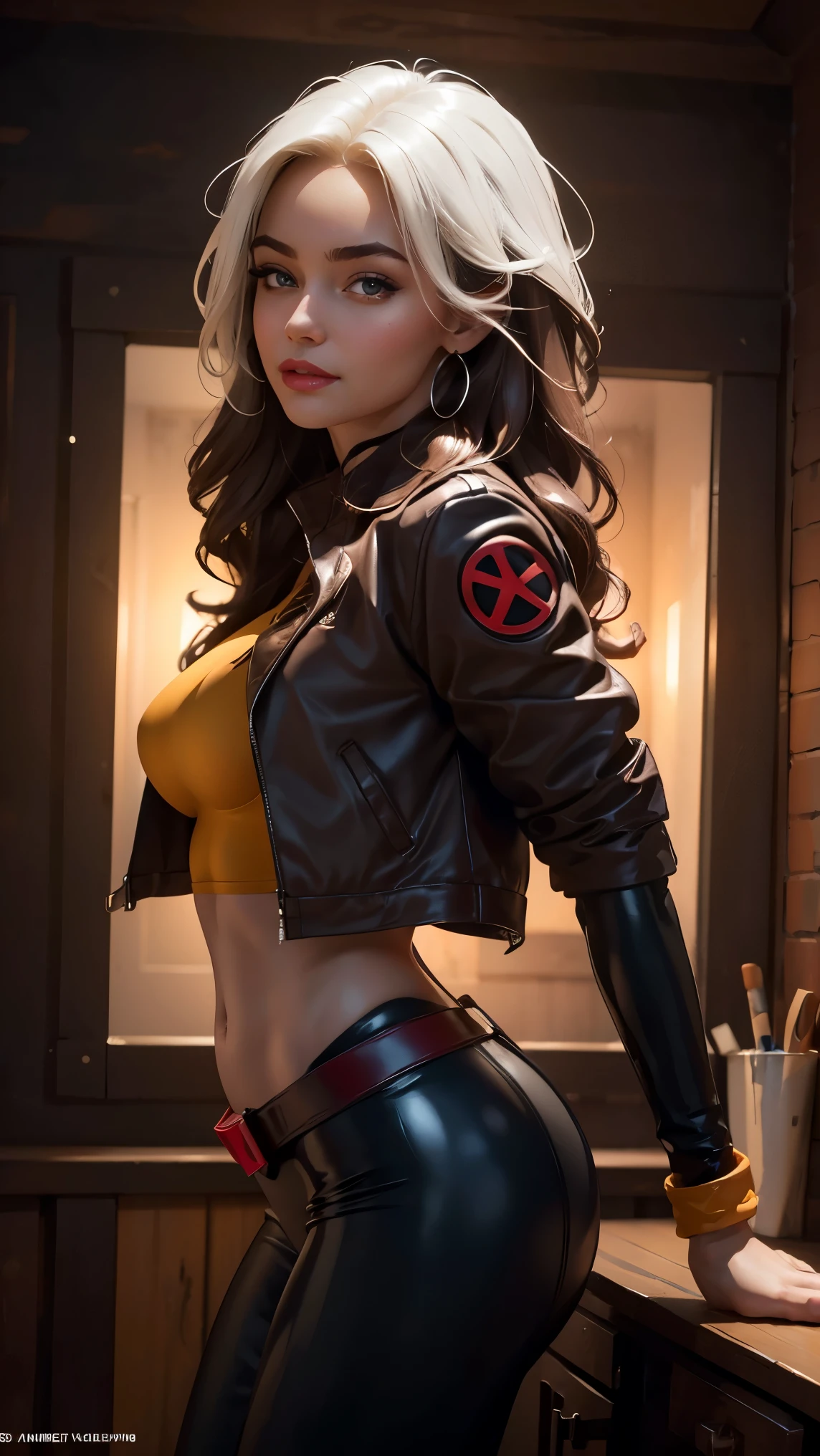 (muscular:1.3), (thick thighs:1.6),
(latina female, tan skin, brown skin, black hair:1.5), (big smile:1.5), (adult),
red lipstick, eyeshadow, red lips,
(hard nipples), (small breasts:2),
(soccer jersey, soccer shorts, choker, midriff, deep cleavage, barefoot:1.6), (cleavage:1.8),
looking at viewer, (three quarter view:1.3), cropped legs,
rim lighting, two tone lighting, dim lighting, bokeh, detailed skin, detailed eyes, multi colored hair, white hair, brown hair, Superhero, Rogue, Xtreme, blue eyes, jacket, open clothes, belt, open jacket, headband, leather jacket, green pants, yellow pants, yellow leather top, green leather top, crop top, navel